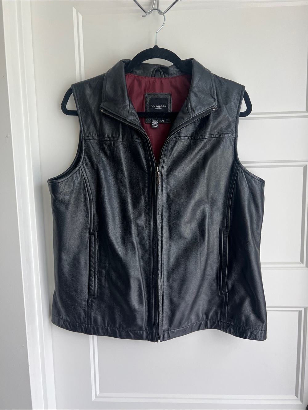 Coldwater Creek Black Leather Zip Vest with Burgundy Lining